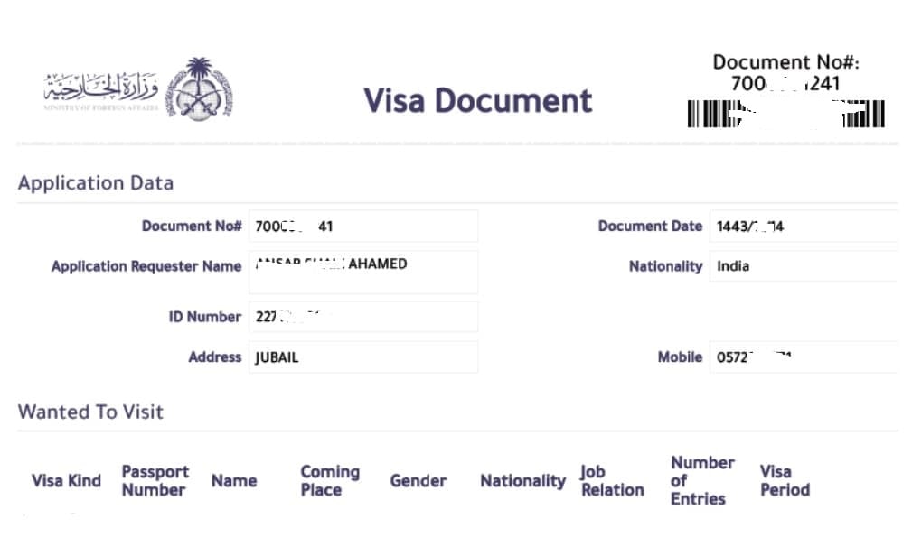 saudi family visit visa price